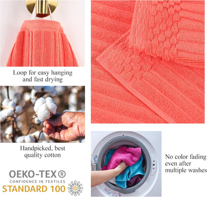6 Piece Cotton Towel Set, Includes 2 Bath Towels, 2 Hand Towels, 2 Face Towel/Washcloths, Daily Use for Bathroom, Guest Bath, Ribbed, Absorbent, Home Essentials, Soho Collection, Coral