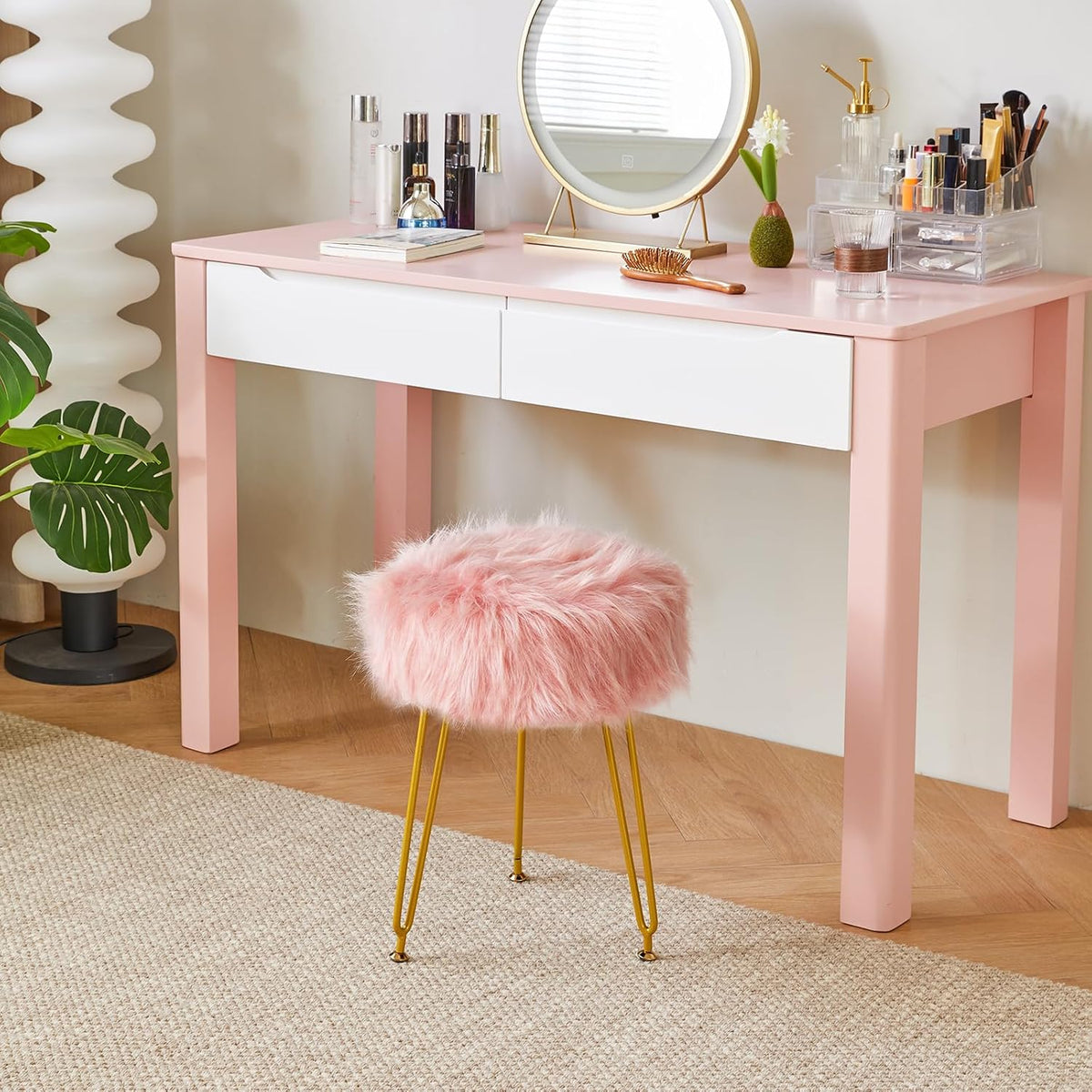 Faux Fur Vanity Chair, Furry Makeup Stool Ottoman, Pink LG-32P