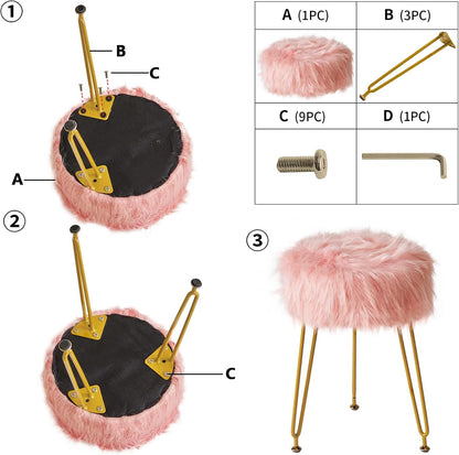 Faux Fur Vanity Chair, Furry Makeup Stool Ottoman, Pink LG-32P
