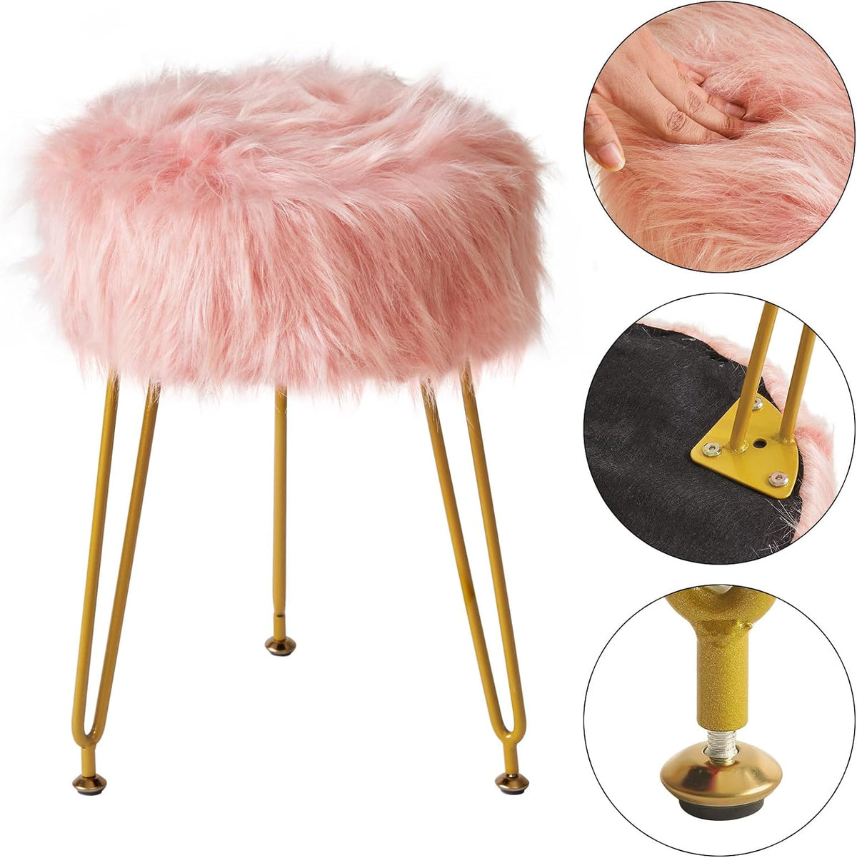 Faux Fur Vanity Chair, Furry Makeup Stool Ottoman, Pink LG-32P