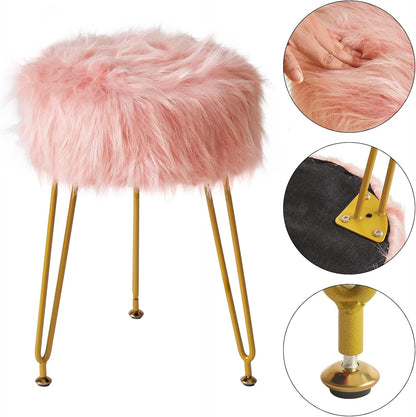 Faux Fur Vanity Chair, Furry Makeup Stool Ottoman, Pink LG-32P