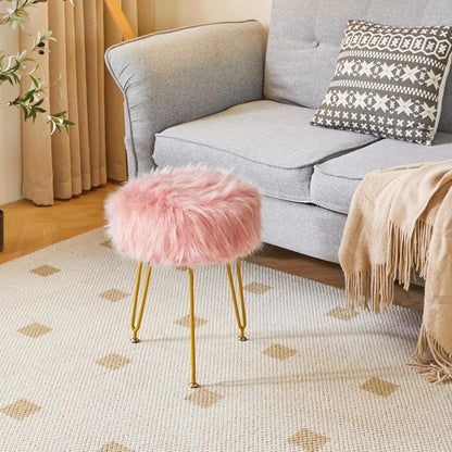 Faux Fur Vanity Chair, Furry Makeup Stool Ottoman, Pink LG-32P