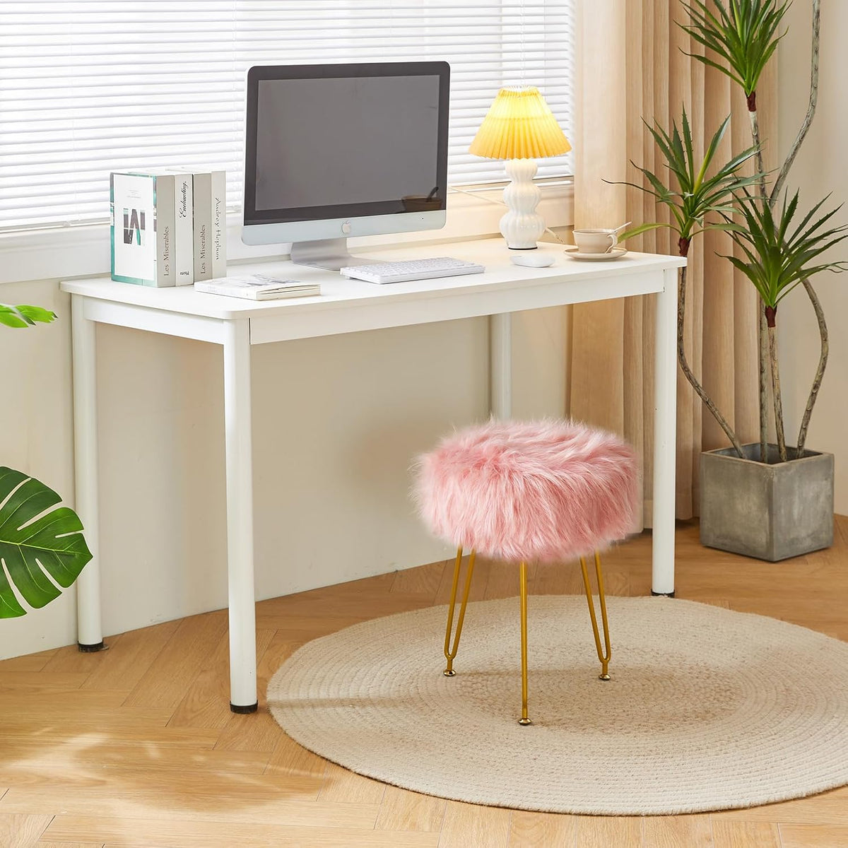Faux Fur Vanity Chair, Furry Makeup Stool Ottoman, Pink LG-32P
