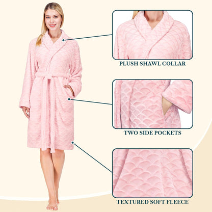 Plush Robe for Women, Soft Fleece Short Bathrobe, Mid Length Kimono