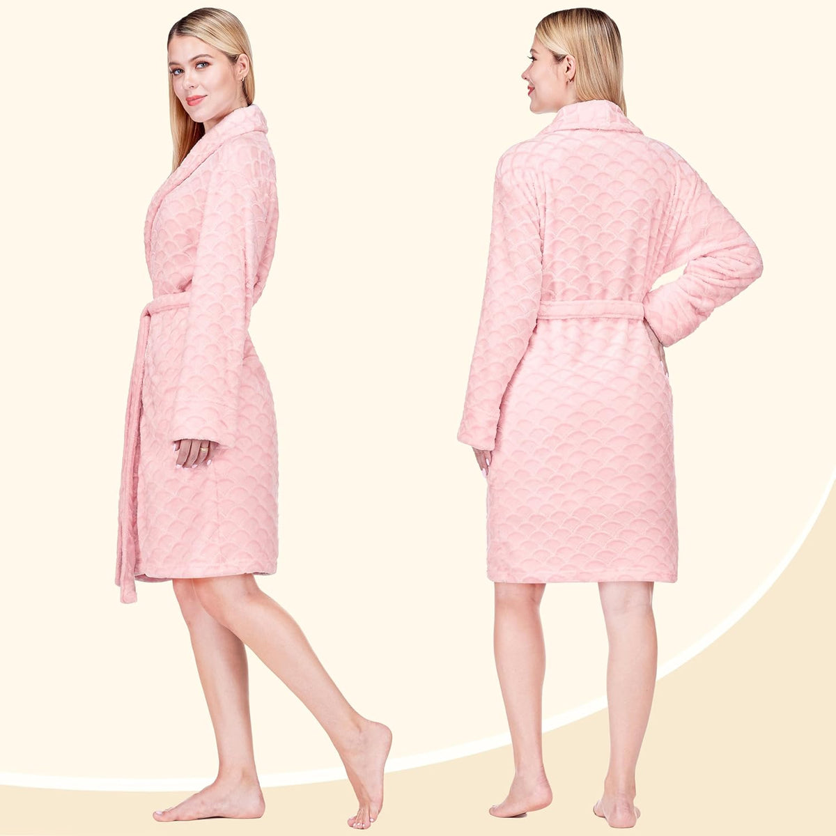 Plush Robe for Women, Soft Fleece Short Bathrobe, Mid Length Kimono