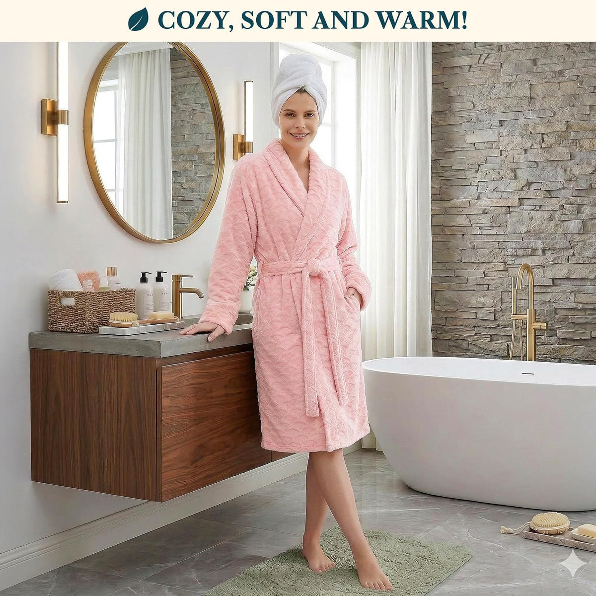 Plush Robe for Women, Soft Fleece Short Bathrobe, Mid Length Kimono