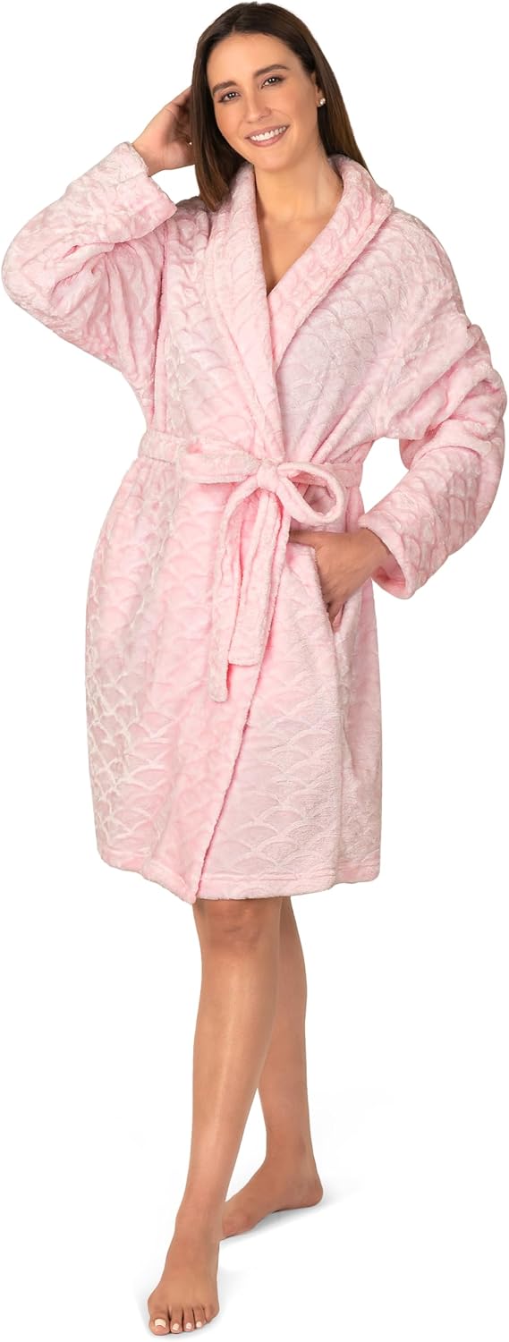 Plush Robe for Women, Soft Fleece Short Bathrobe, Mid Length Kimono