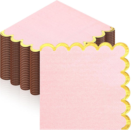 50 Pcs Scalloped Cocktail Napkins with Gold Foil Edge Thick Paper Disposable Napkins Pastel Party Beverage for Wedding Dinner Birthday Party(Pink,5 x 5 Inch)