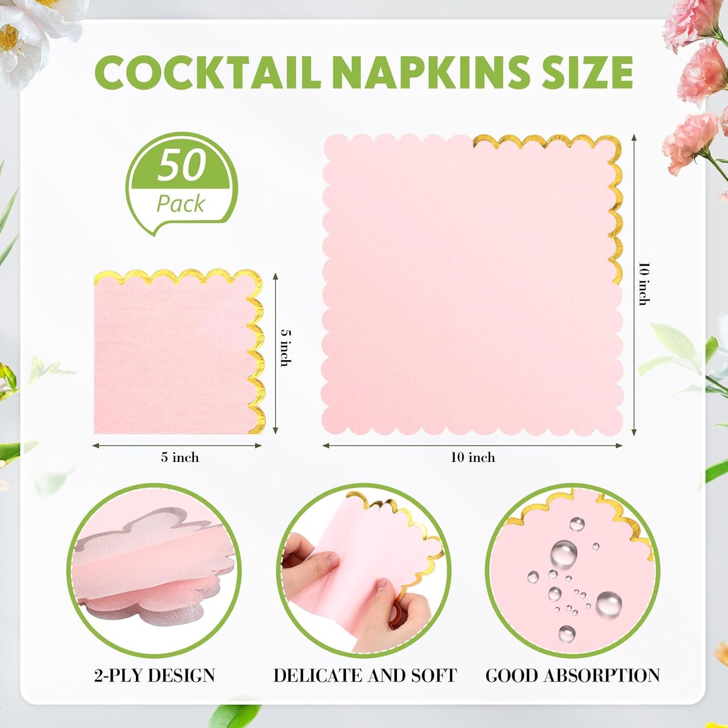 50 Pcs Scalloped Cocktail Napkins with Gold Foil Edge Thick Paper Disposable Napkins Pastel Party Beverage for Wedding Dinner Birthday Party(Pink,5 x 5 Inch)