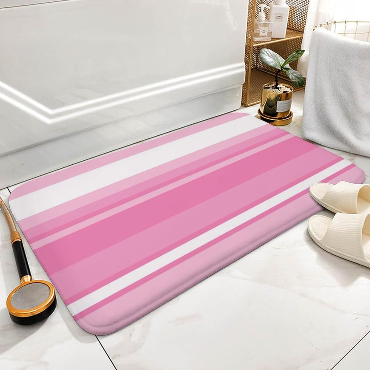 Pink Striped Pattern Bath Mat Rug 24x16, Ultra Soft Bathroom Rug, Non Slip and Absorbent Bath Rug Carpet for Bathroom Floor, Tub and Shower