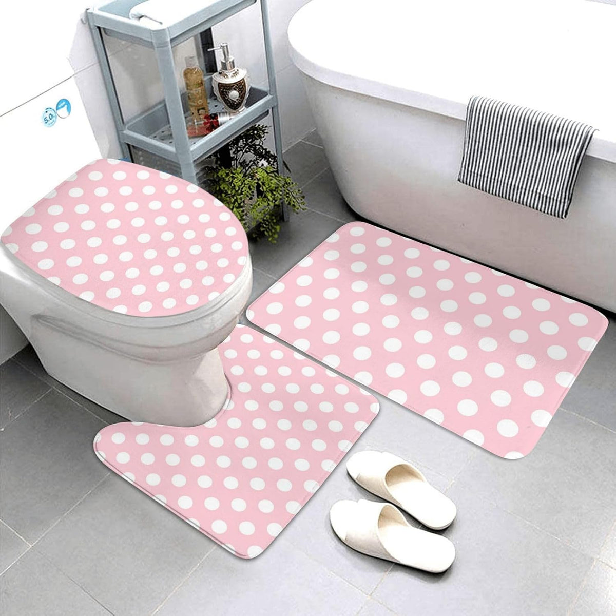 Bathroom Rugs Sets 3 Piece - Light Pink Polka Dot Print Absorbent Non Slip Washable Bath Mats, U-Shape Toilet Lid Cover, Contour Mat, Soft Shower Mats Bath Rug Mat for Bathroom Tub Toilet
