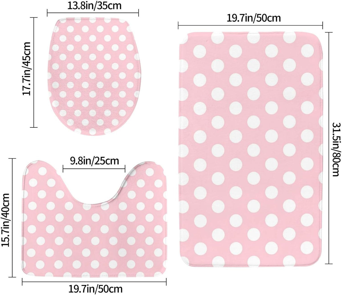 Bathroom Rugs Sets 3 Piece - Light Pink Polka Dot Print Absorbent Non Slip Washable Bath Mats, U-Shape Toilet Lid Cover, Contour Mat, Soft Shower Mats Bath Rug Mat for Bathroom Tub Toilet