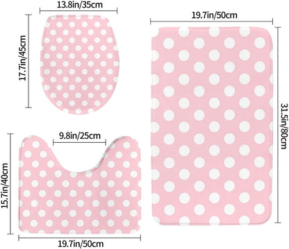 Bathroom Rugs Sets 3 Piece - Light Pink Polka Dot Print Absorbent Non Slip Washable Bath Mats, U-Shape Toilet Lid Cover, Contour Mat, Soft Shower Mats Bath Rug Mat for Bathroom Tub Toilet