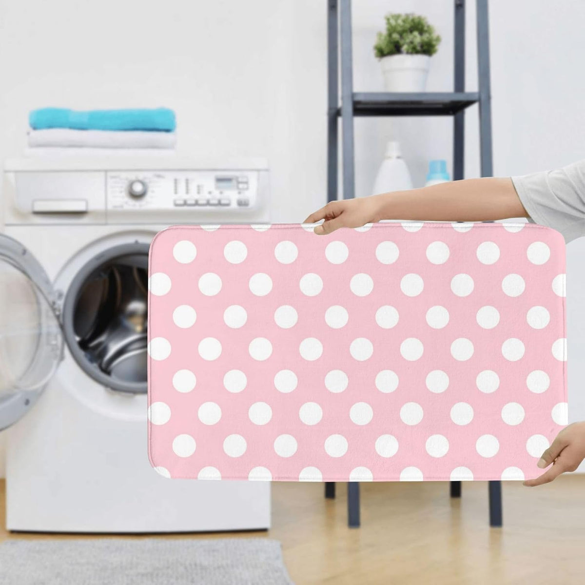 Bathroom Rugs Sets 3 Piece - Light Pink Polka Dot Print Absorbent Non Slip Washable Bath Mats, U-Shape Toilet Lid Cover, Contour Mat, Soft Shower Mats Bath Rug Mat for Bathroom Tub Toilet