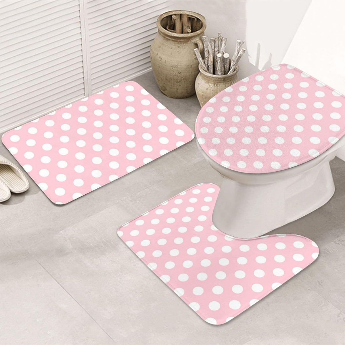 Bathroom Rugs Sets 3 Piece - Light Pink Polka Dot Print Absorbent Non Slip Washable Bath Mats, U-Shape Toilet Lid Cover, Contour Mat, Soft Shower Mats Bath Rug Mat for Bathroom Tub Toilet