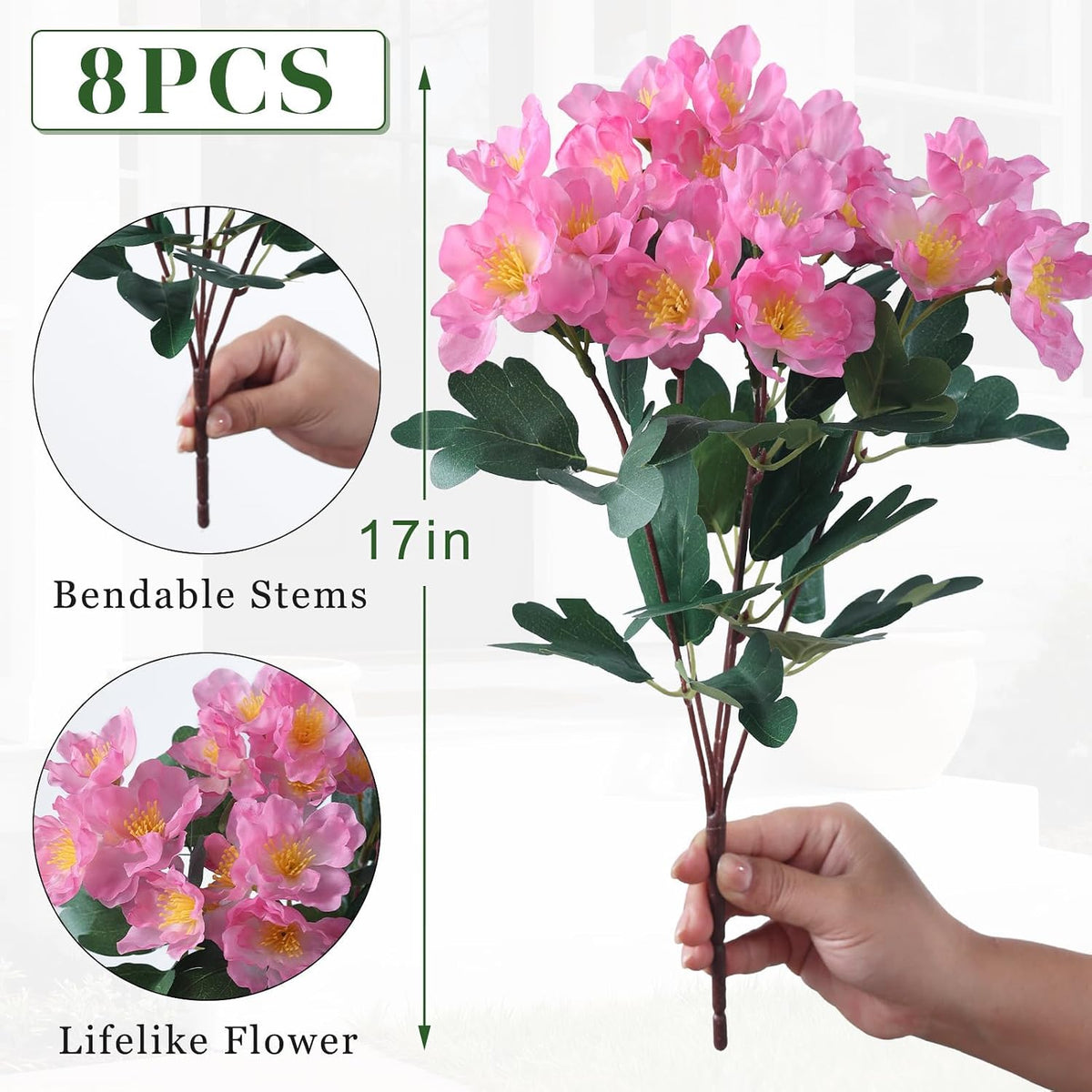 8 Bundles 14" Artificial Silk Camellia Flower Bouquet for Porch(Pink)