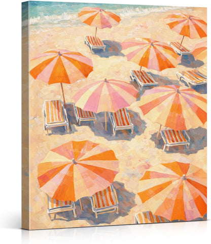 Coastal Pastel Beach Wall Art Print - Pink Orange Umbrella Canvas Poster Painting - Summer Wall Decor for Beach House Home 8x10 Inch Framed