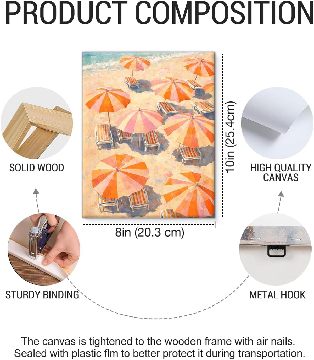 Coastal Pastel Beach Wall Art Print - Pink Orange Umbrella Canvas Poster Painting - Summer Wall Decor for Beach House Home 8x10 Inch Framed
