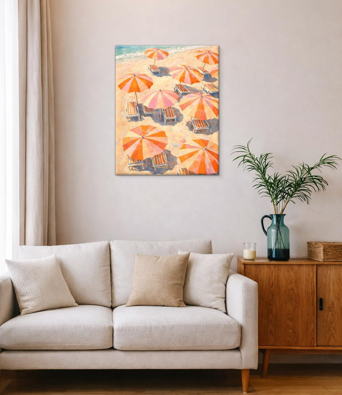 Coastal Pastel Beach Wall Art Print - Pink Orange Umbrella Canvas Poster Painting - Summer Wall Decor for Beach House Home 8x10 Inch Framed