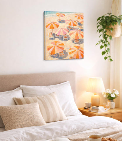 Coastal Pastel Beach Wall Art Print - Pink Orange Umbrella Canvas Poster Painting - Summer Wall Decor for Beach House Home 8x10 Inch Framed