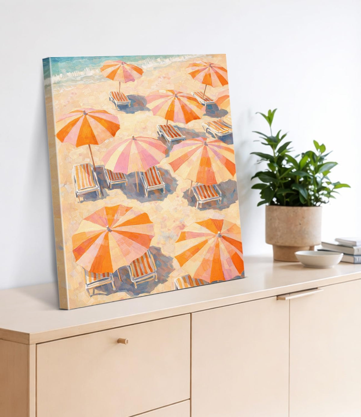 Coastal Pastel Beach Wall Art Print - Pink Orange Umbrella Canvas Poster Painting - Summer Wall Decor for Beach House Home 8x10 Inch Framed