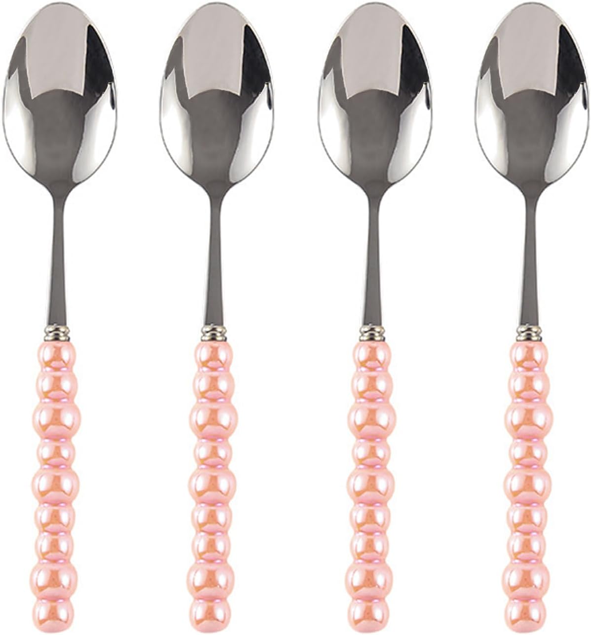 Stainless Steel Spoons, Stainless Steel Ceramic Handle Spoon, Korean Dessert Spoon with Imitation Pearl Handle, 8.4 Inches, 4 Pieces,Pink.
