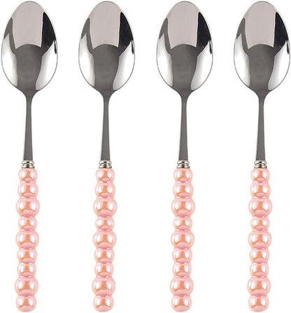 Stainless Steel Spoons, Stainless Steel Ceramic Handle Spoon, Korean Dessert Spoon with Imitation Pearl Handle, 8.4 Inches, 4 Pieces,Pink.