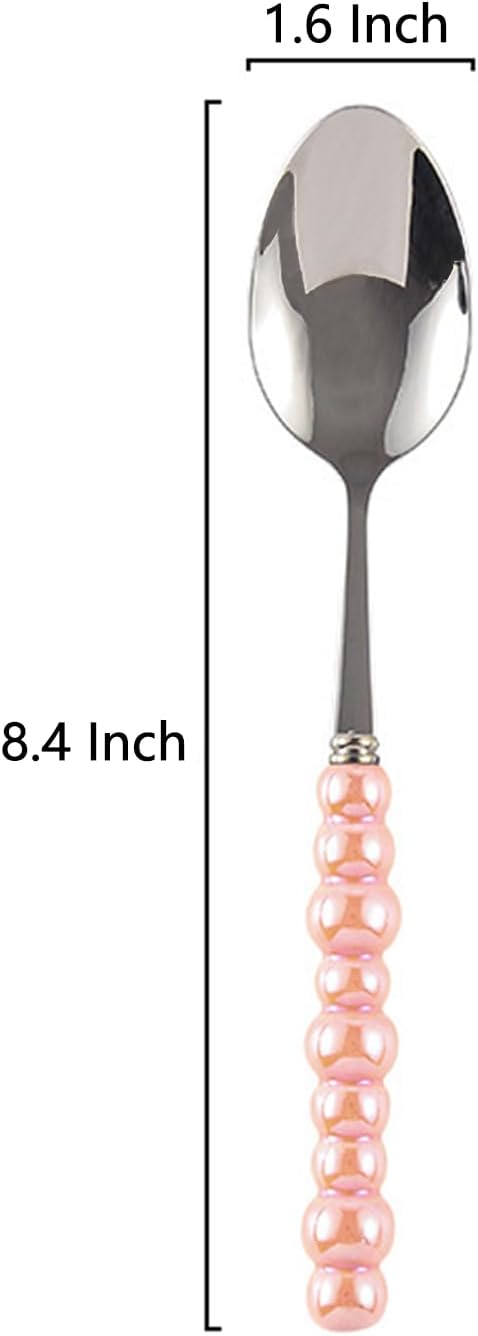 Stainless Steel Spoons, Stainless Steel Ceramic Handle Spoon, Korean Dessert Spoon with Imitation Pearl Handle, 8.4 Inches, 4 Pieces,Pink.