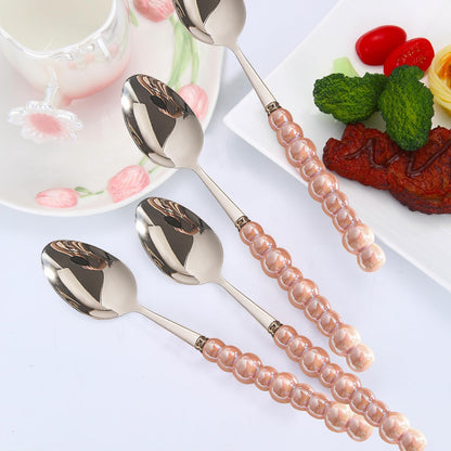 Stainless Steel Spoons, Stainless Steel Ceramic Handle Spoon, Korean Dessert Spoon with Imitation Pearl Handle, 8.4 Inches, 4 Pieces,Pink.