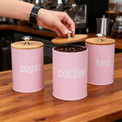 X022S Set of 3 Metal Food Storage Tin Canister/Jar with Bamboo Lid (matte pink)