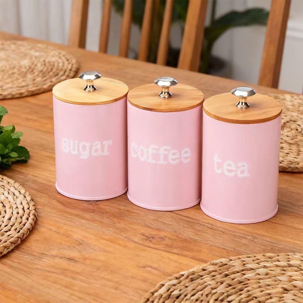 X022S Set of 3 Metal Food Storage Tin Canister/Jar with Bamboo Lid (matte pink)