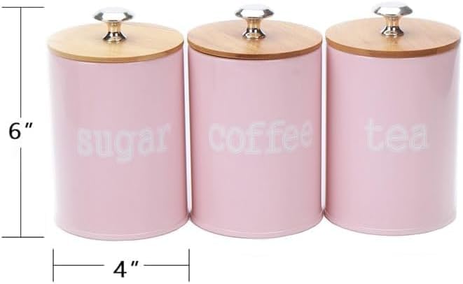 X022S Set of 3 Metal Food Storage Tin Canister/Jar with Bamboo Lid (matte pink)