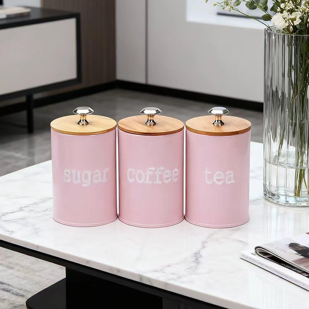 X022S Set of 3 Metal Food Storage Tin Canister/Jar with Bamboo Lid (matte pink)