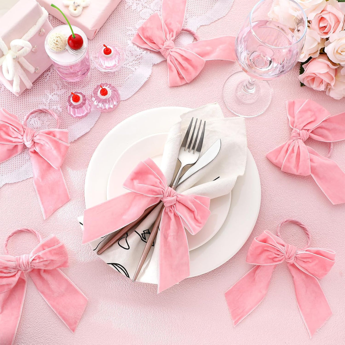 24 Pcs Bow Napkin Rings Set, Velvet Napkin Holders Buckles 4 x 4.9 Inch Serviette Rings for Family Dinner, Wedding, Party, Banquet, Table Decorations (Bright Pink)