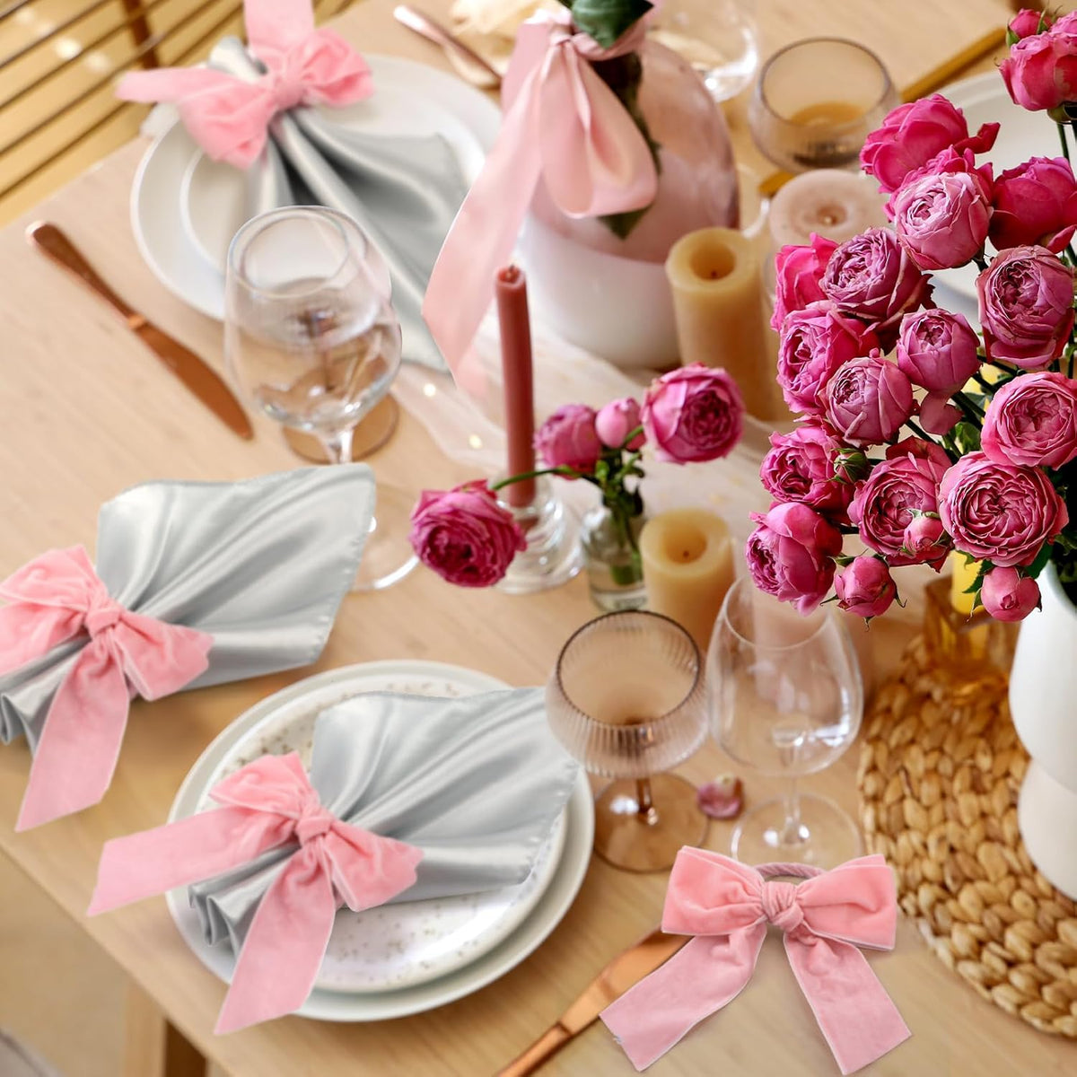 24 Pcs Bow Napkin Rings Set, Velvet Napkin Holders Buckles 4 x 4.9 Inch Serviette Rings for Family Dinner, Wedding, Party, Banquet, Table Decorations (Bright Pink)