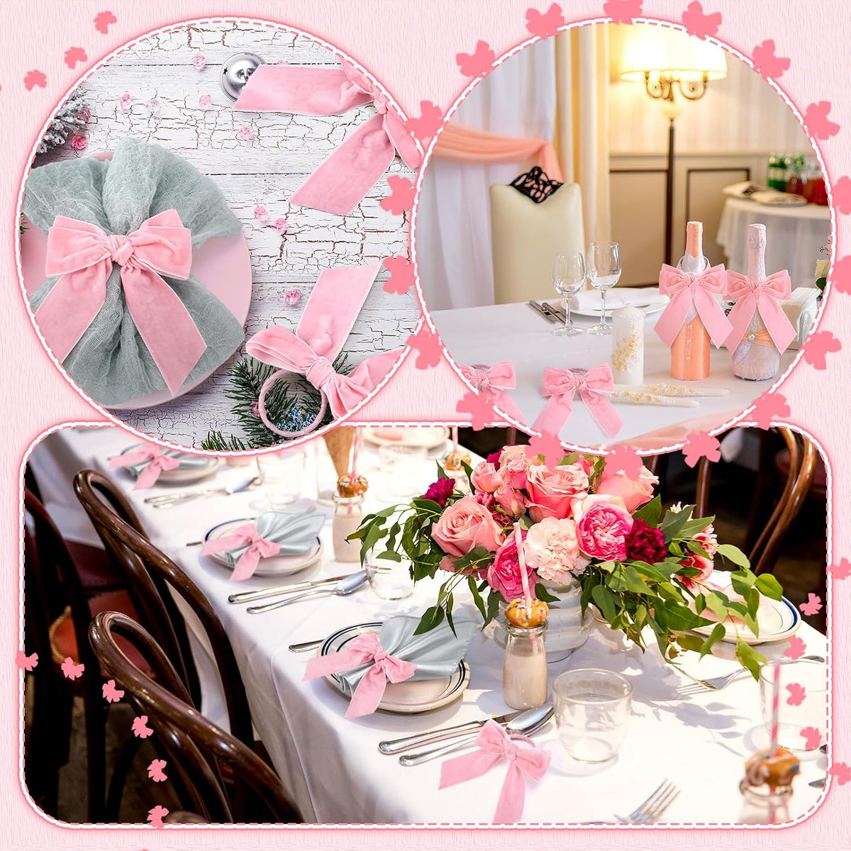 24 Pcs Bow Napkin Rings Set, Velvet Napkin Holders Buckles 4 x 4.9 Inch Serviette Rings for Family Dinner, Wedding, Party, Banquet, Table Decorations (Bright Pink)