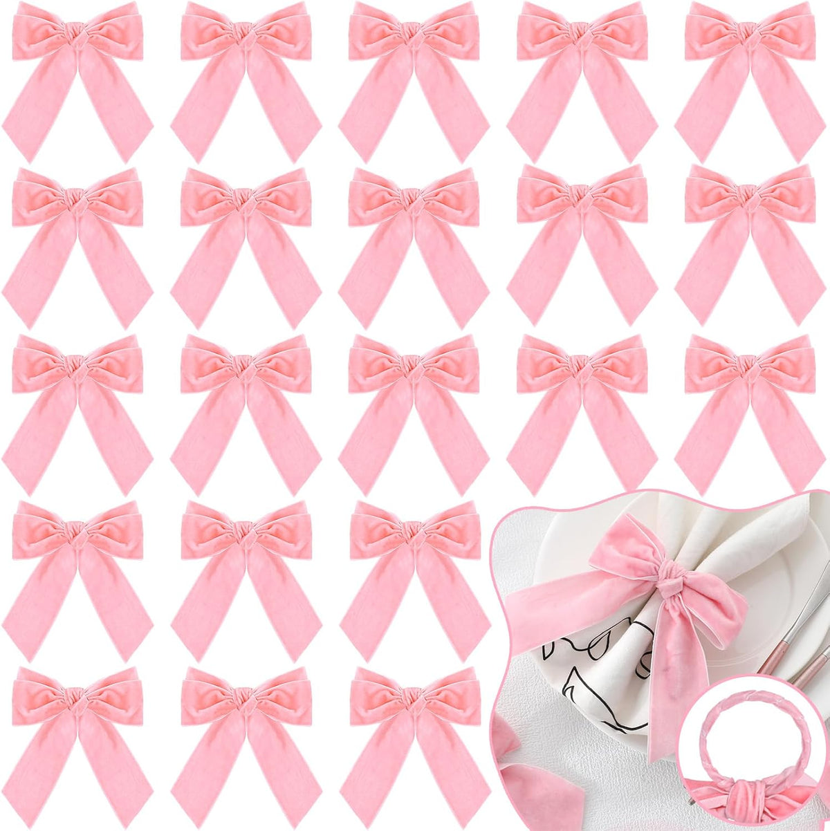24 Pcs Bow Napkin Rings Set, Velvet Napkin Holders Buckles 4 x 4.9 Inch Serviette Rings for Family Dinner, Wedding, Party, Banquet, Table Decorations (Bright Pink)