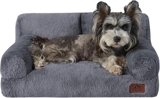 Hollypet Fluffy Dog Cat Bed Pet Couch Beds Plush Soft Warming Machine Washable Puppy Bed with Non-Slip Bottom for Cats and Small Medium Dogs up to 25 lbs, Gray, 24" L x 18" W x 10" Th