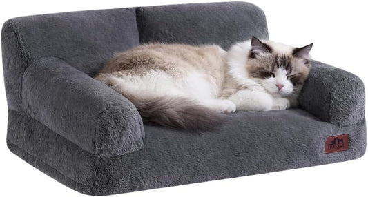 Hollypet Fluffy Dog Cat Bed Pet Couch Beds Plush Soft Warming Machine Washable Puppy Bed with Non-Slip Bottom for Cats and Small Medium Dogs up to 25 lbs, Gray, 24" L x 18" W x 10" Th