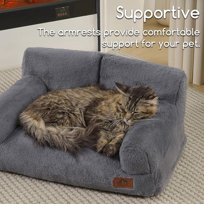 Hollypet Fluffy Dog Cat Bed Pet Couch Beds Plush Soft Warming Machine Washable Puppy Bed with Non-Slip Bottom for Cats and Small Medium Dogs up to 25 lbs, Gray, 24" L x 18" W x 10" Th