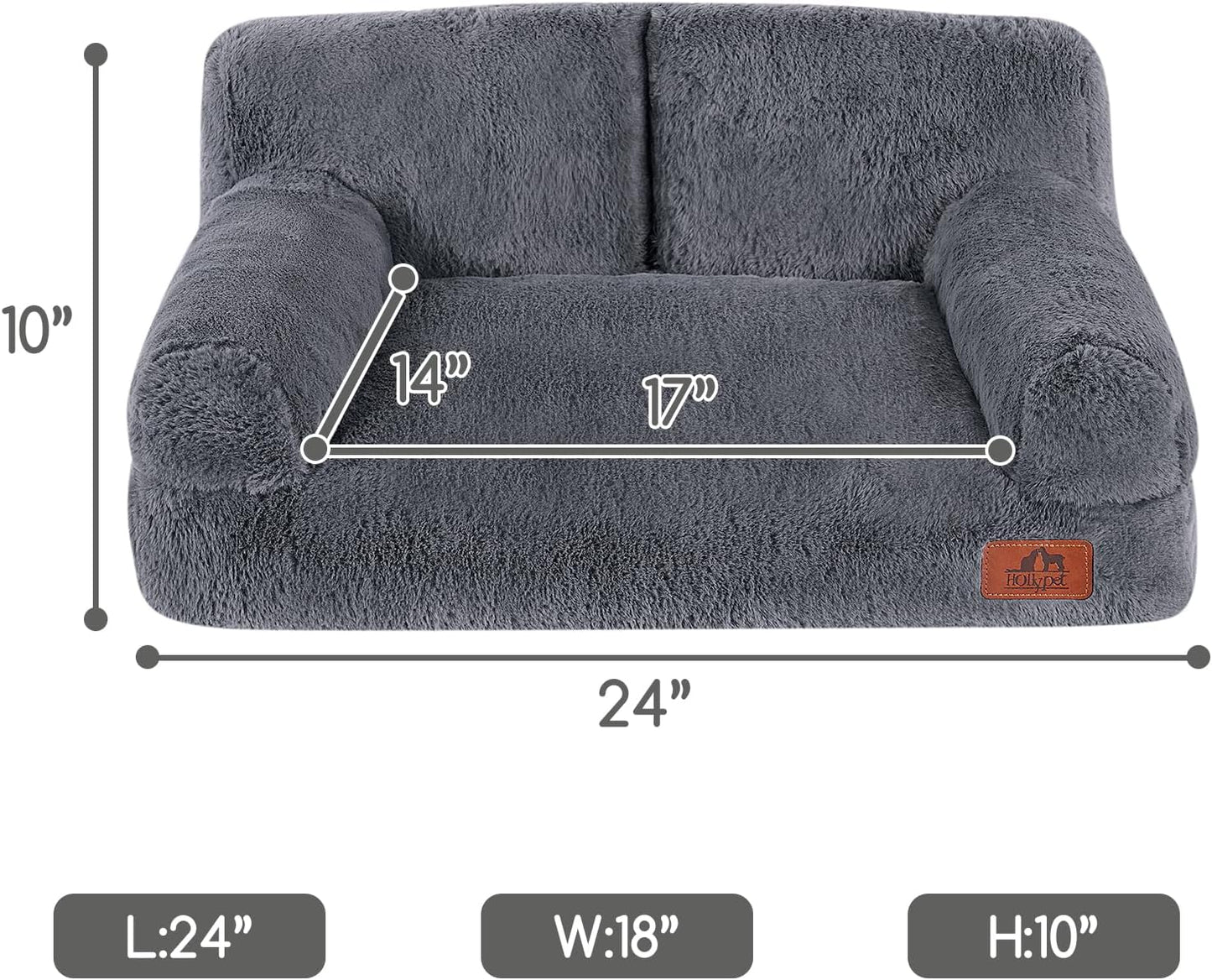 Hollypet Fluffy Dog Cat Bed Pet Couch Beds Plush Soft Warming Machine Washable Puppy Bed with Non-Slip Bottom for Cats and Small Medium Dogs up to 25 lbs, Gray, 24" L x 18" W x 10" Th