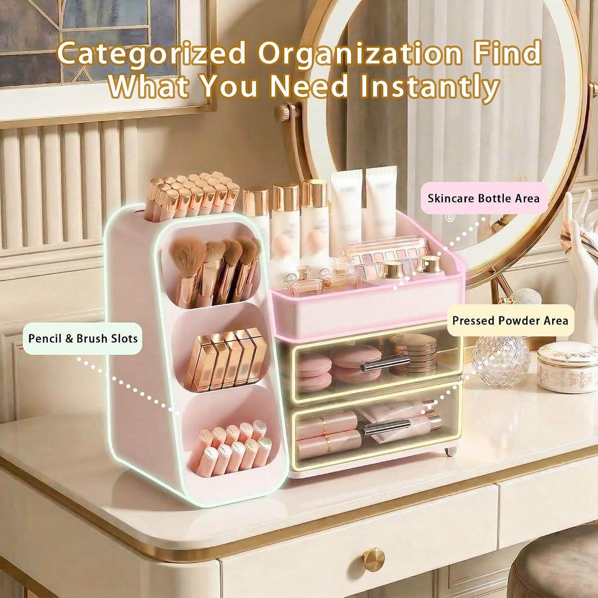 Large Capacity Makeup Organizer Countertop with Makeup Brush Holder for Vanity, Thickened Material, Bathroom Countertop Organizer Skin Care Perfumes Storage, Teen Girl Gifts for 12-23 Year（pink）