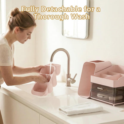 Large Capacity Makeup Organizer Countertop with Makeup Brush Holder for Vanity, Thickened Material, Bathroom Countertop Organizer Skin Care Perfumes Storage, Teen Girl Gifts for 12-23 Year（pink）