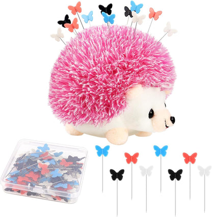 Hedgehog Shaped Pin Cushion Sewing Kit, Sewing Pincushion with 100 Pcs Colored Butterfly Pins for Sewing Dressmaker (Pink)