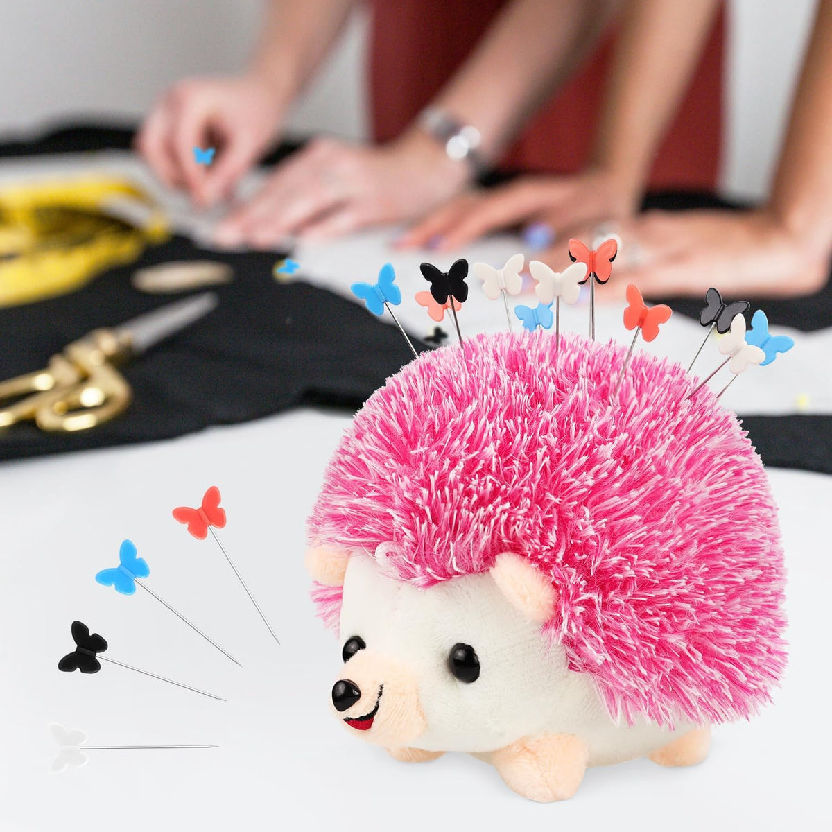 Hedgehog Shaped Pin Cushion Sewing Kit, Sewing Pincushion with 100 Pcs Colored Butterfly Pins for Sewing Dressmaker (Pink)