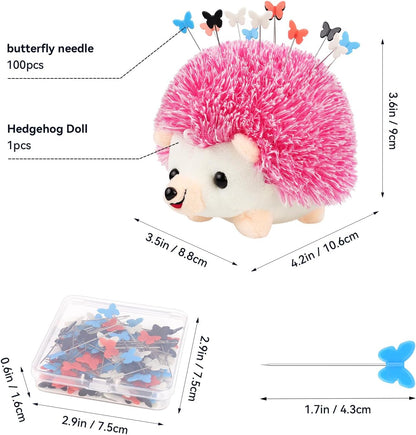 Hedgehog Shaped Pin Cushion Sewing Kit, Sewing Pincushion with 100 Pcs Colored Butterfly Pins for Sewing Dressmaker (Pink)