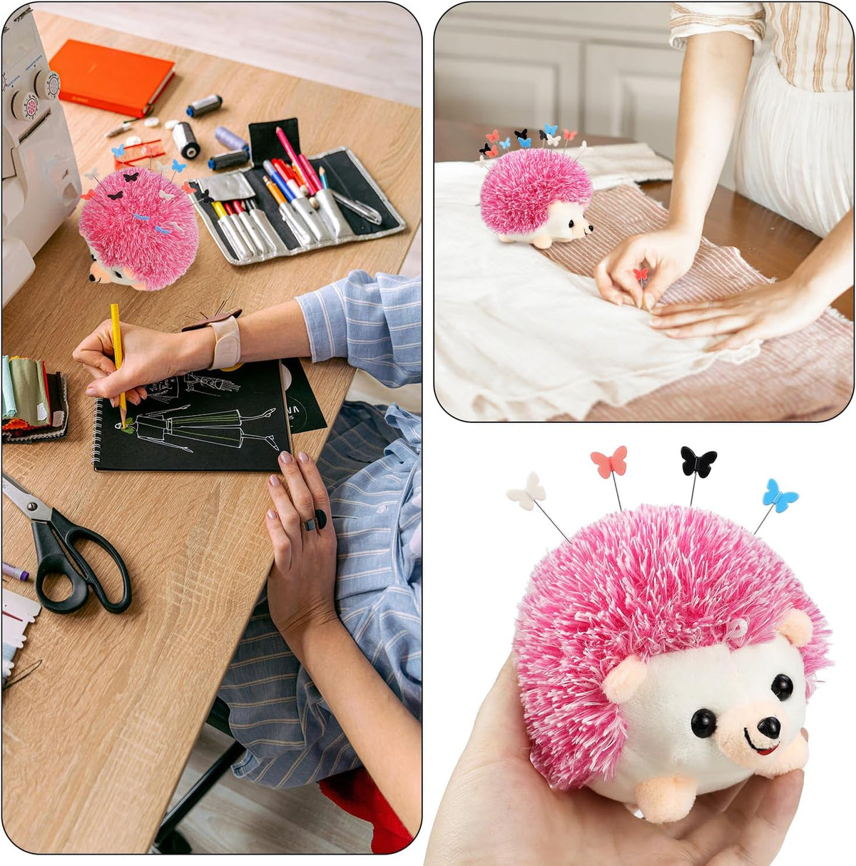 Hedgehog Shaped Pin Cushion Sewing Kit, Sewing Pincushion with 100 Pcs Colored Butterfly Pins for Sewing Dressmaker (Pink)