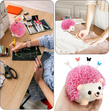 Hedgehog Shaped Pin Cushion Sewing Kit, Sewing Pincushion with 100 Pcs Colored Butterfly Pins for Sewing Dressmaker (Pink)