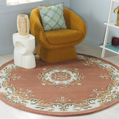 Aubusson Collection Area Rug - 6' Round, Peach & Ivory, Handmade Wool, Ideal for Living Room, Bedroom, Dining Space (AUB301S)