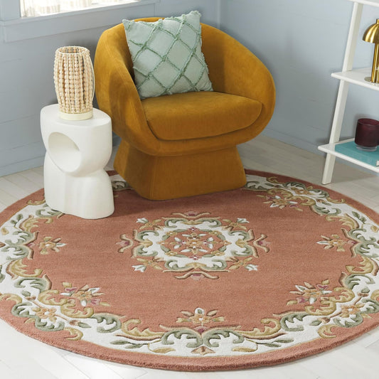 Aubusson Collection Area Rug - 6' Round, Peach & Ivory, Handmade Wool, Ideal for Living Room, Bedroom, Dining Space (AUB301S)